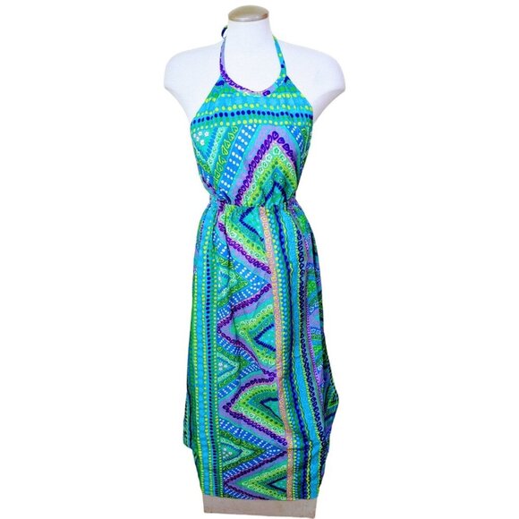 Hale Kini Chez Jeanne Vintage Hawaiian Aloha Maxi Halter Dress Floral Green Blue - Picture 1 of 5